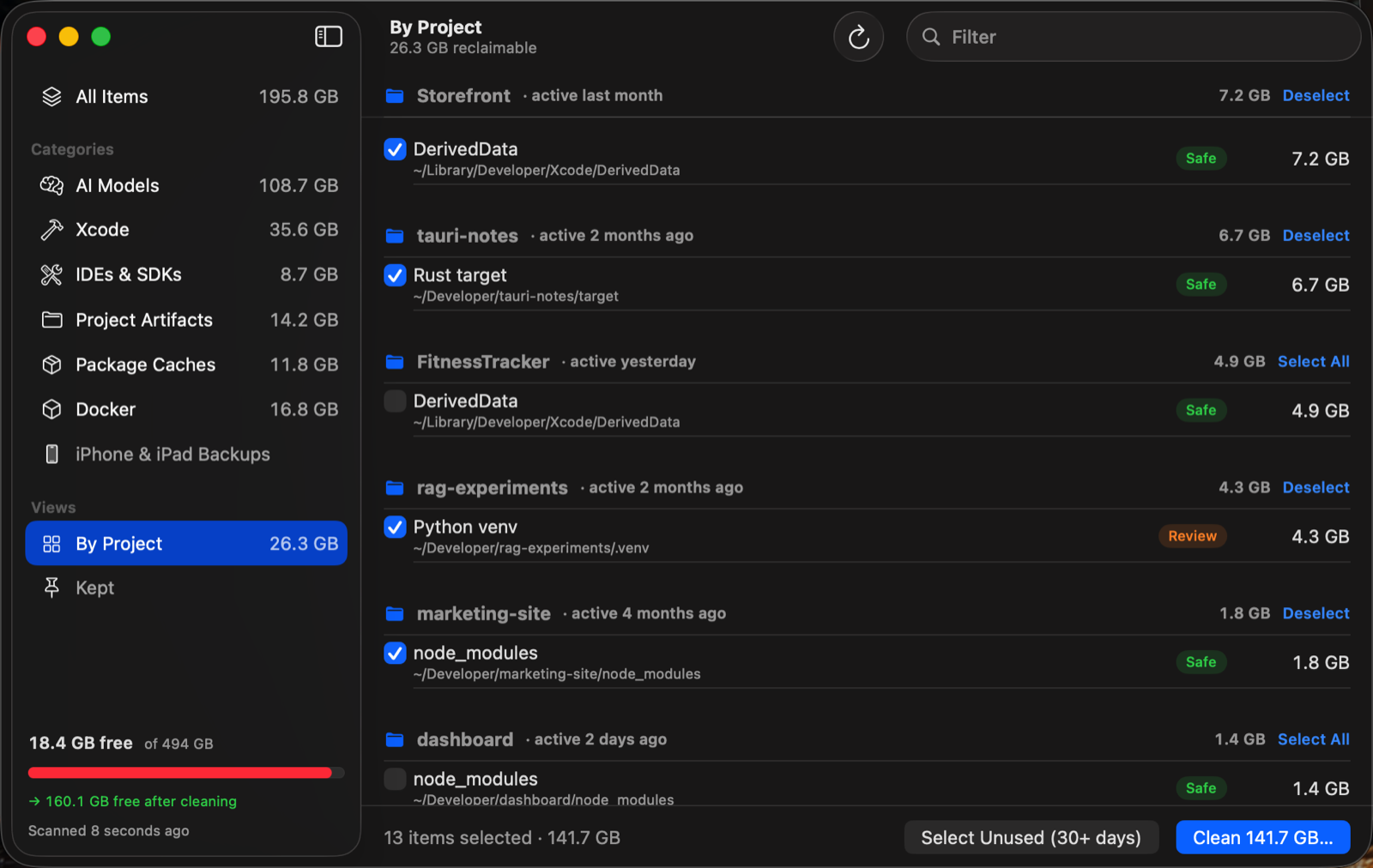 Storage Cleaner's By Project view grouping node_modules, Rust target, virtual environments and DerivedData per project.