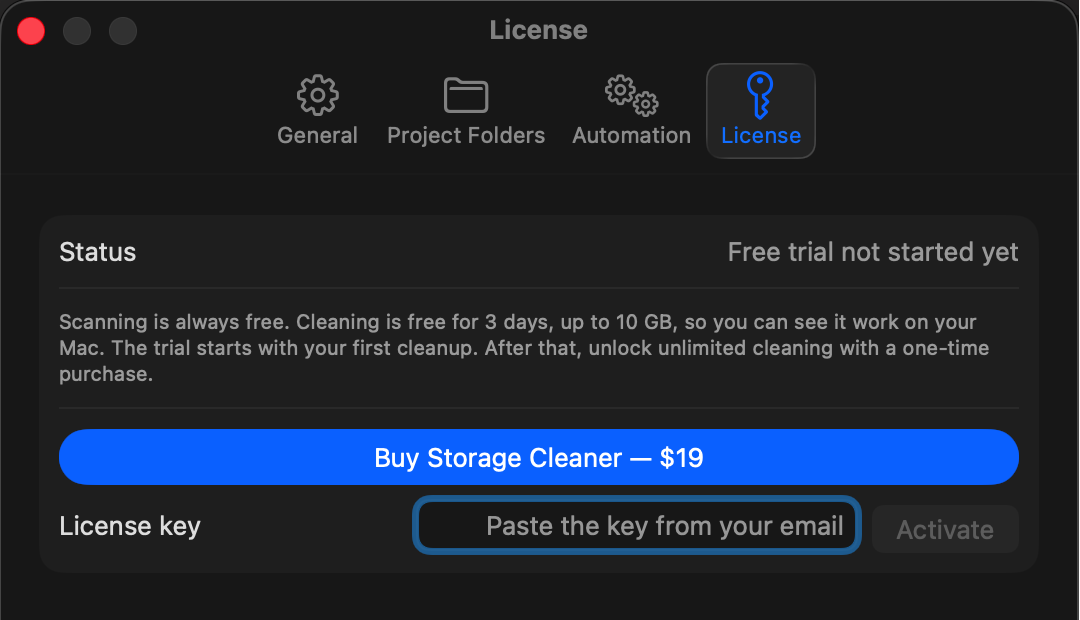 Storage Cleaner's Settings window on the License tab, with a license key field labelled “Paste the key from your email” and an Activate button.