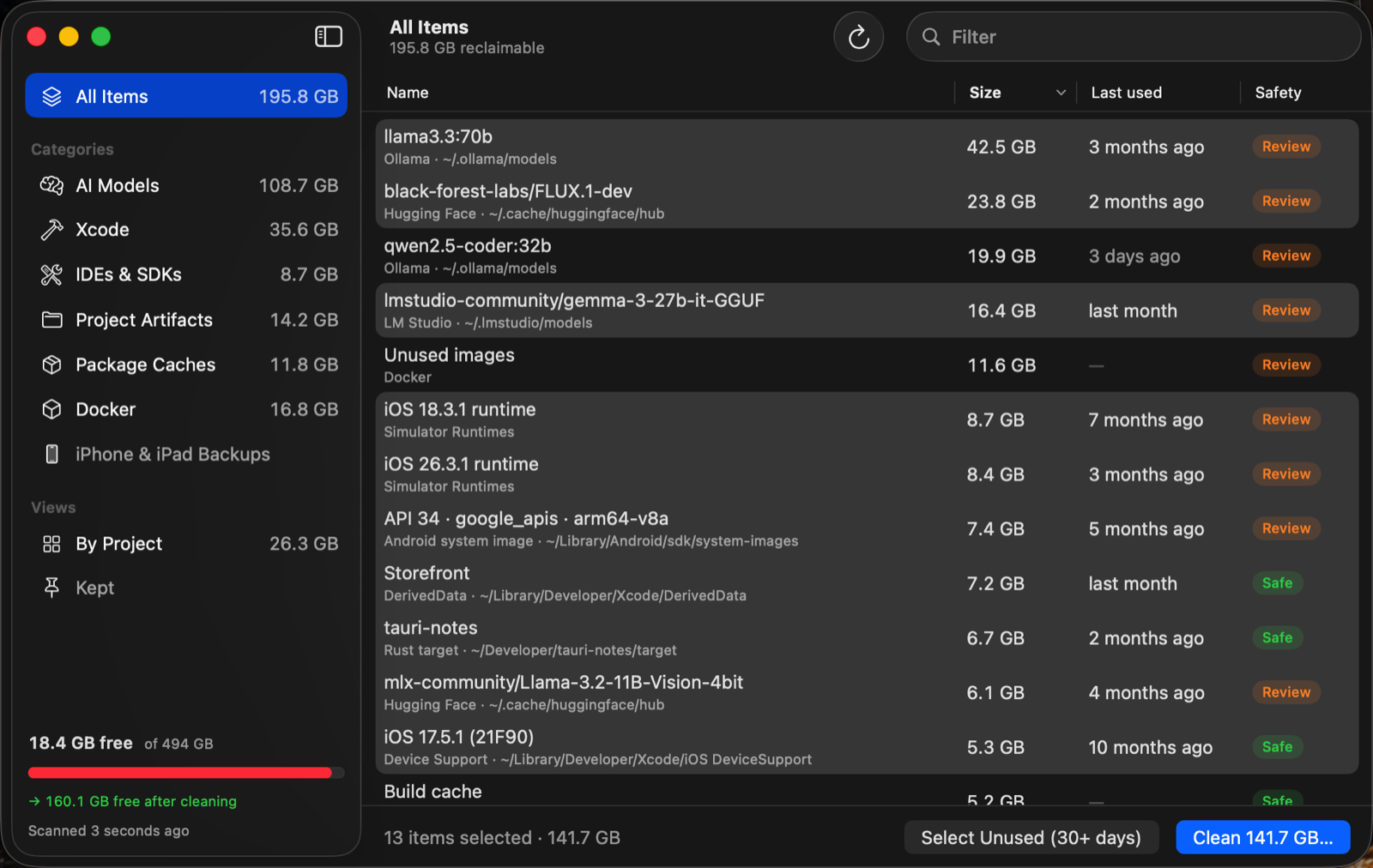 Storage Cleaner's main window listing Ollama and Hugging Face models, simulator runtimes, DerivedData and Docker images with sizes, last-used dates and safety ratings.